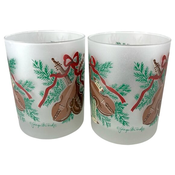 2 Georges Briard Christmas Glasses Frosted Old Fashioned Violin Drum Harp VTG - Picture 5 of 8